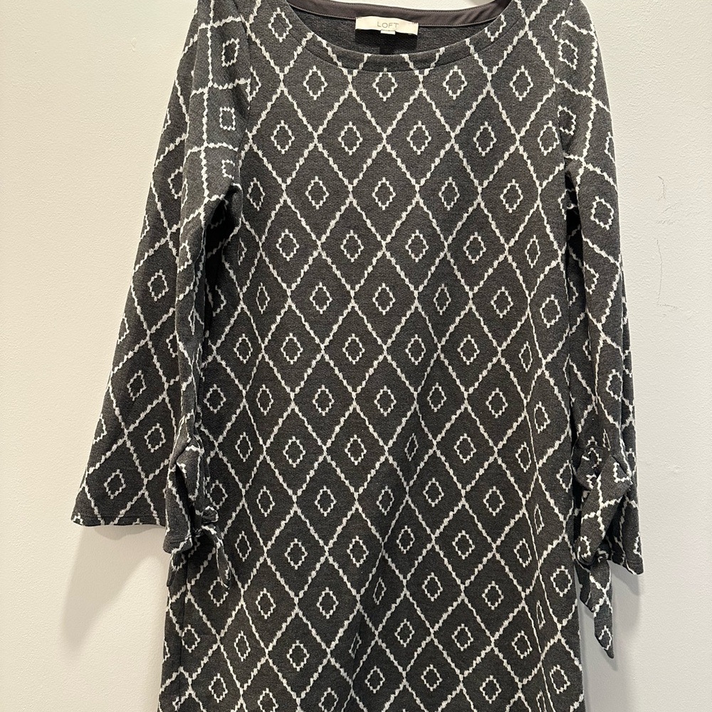 Loft Geometric White Diamond Patterned Dress Size… - image 2